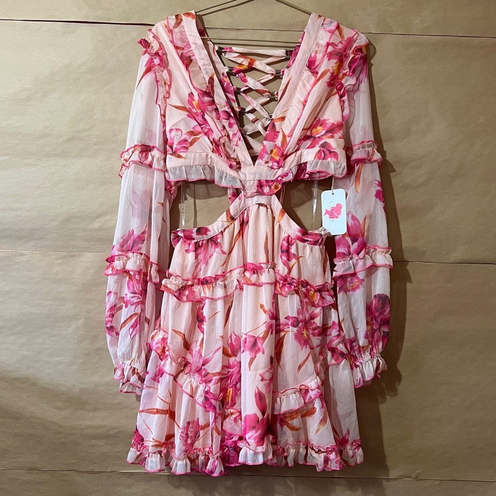 L'atiste NWT Floating Cut Out Mini Dress Lace Up Back Ruffle Floral Pink Size L